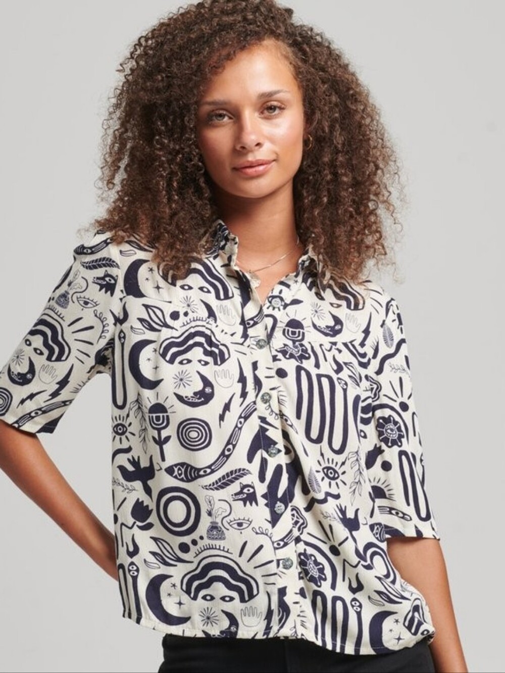 Superdry Spirit Of Adventure Half-Length Sleeve Woven Button Up Blouse Top Shirt